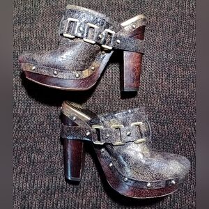 Vince Camuto Brown, Black And Gold Leather High Heel Platform Clogs Sz 6B